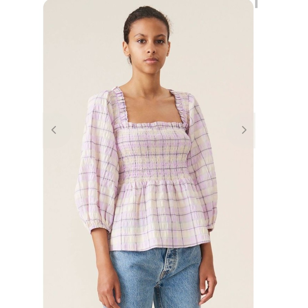 Ganni Seersucker Smocked Blouse XL Orchid Bloom Check Scandi Pastel Cottagecore